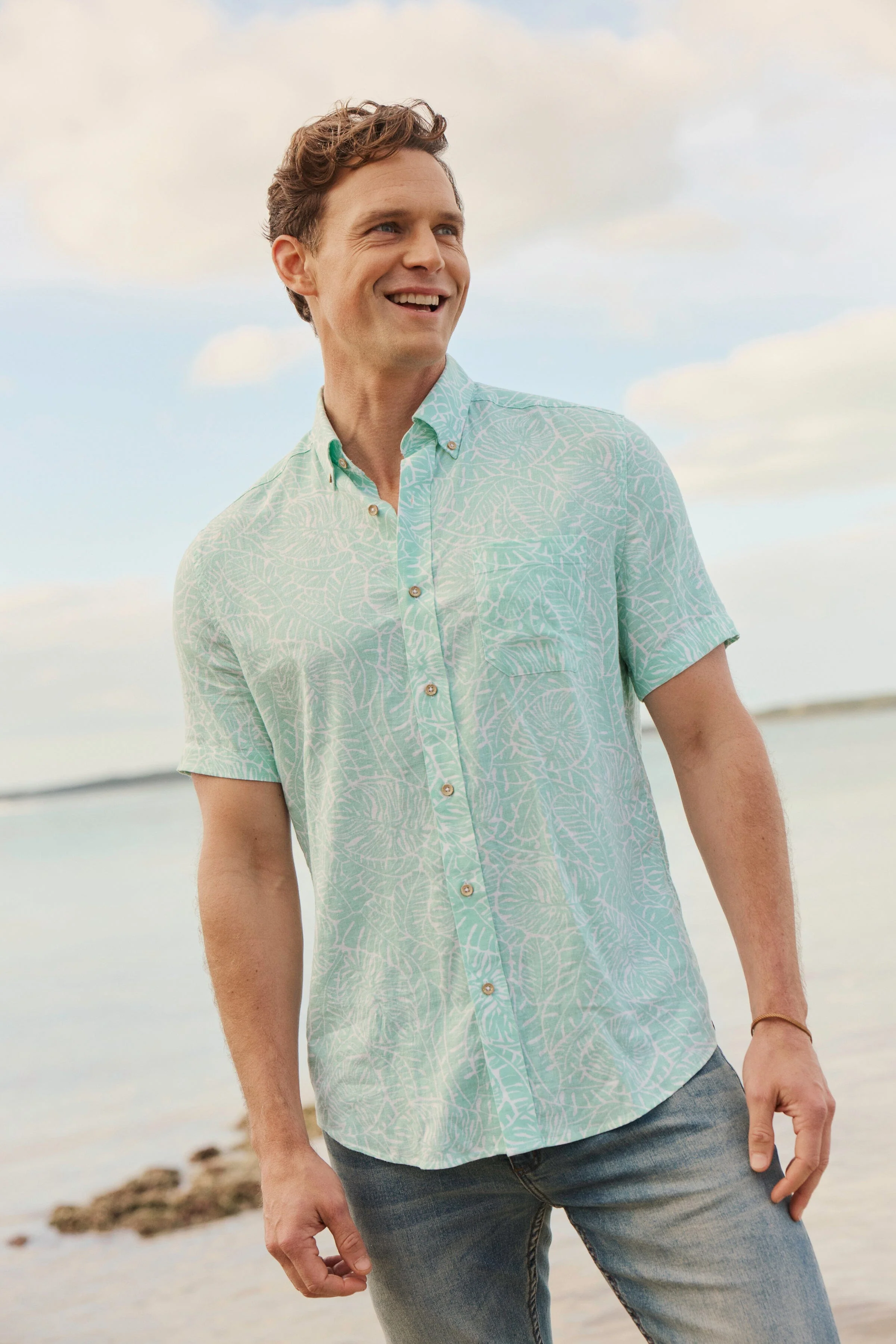 Beach Palms Linen Rayon Short Sleeve Sport Shirt