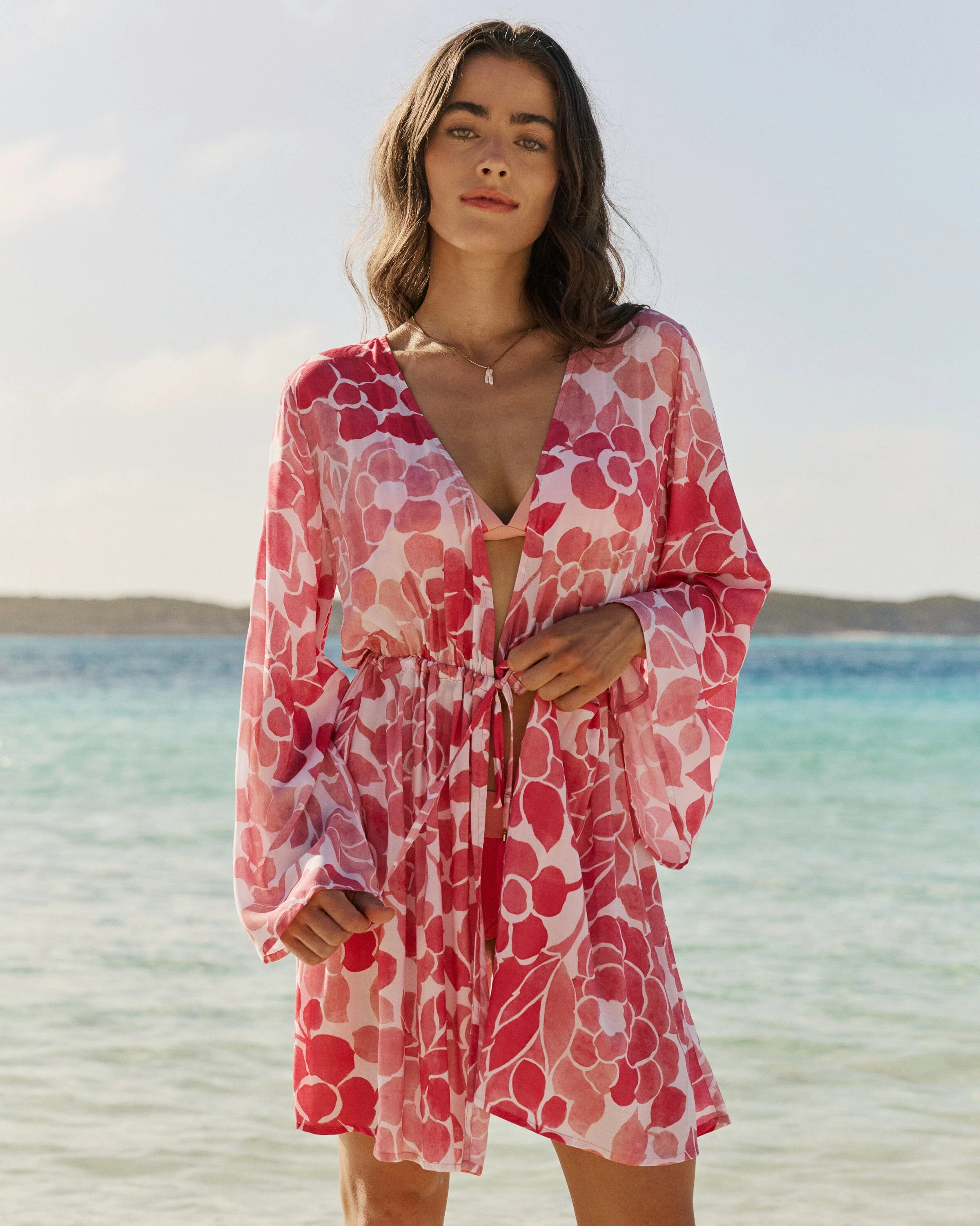Floral Bell Sleeve Short Tunic Cover-Up