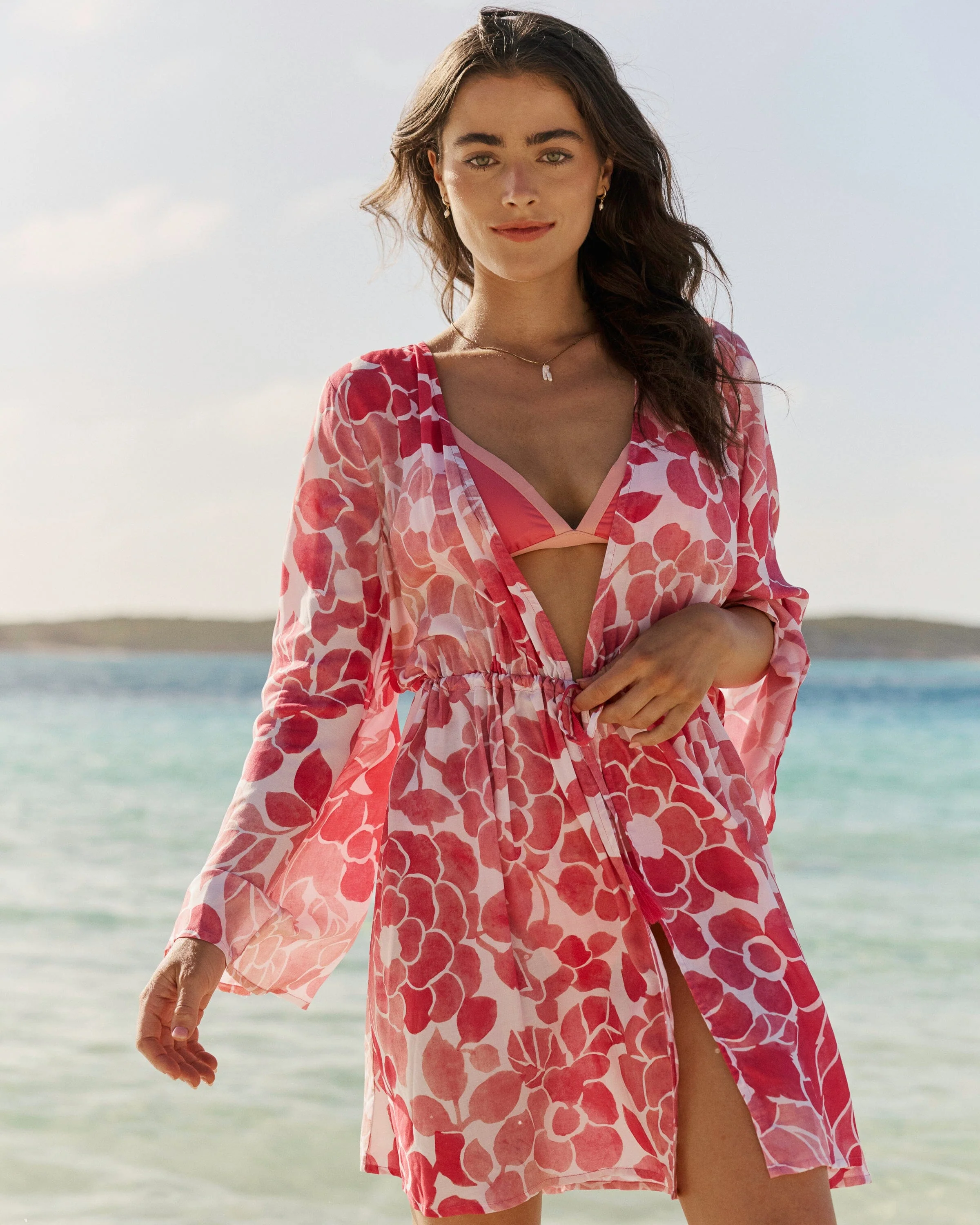 Floral Bell Sleeve Short Tunic Cover-Up - Image 3