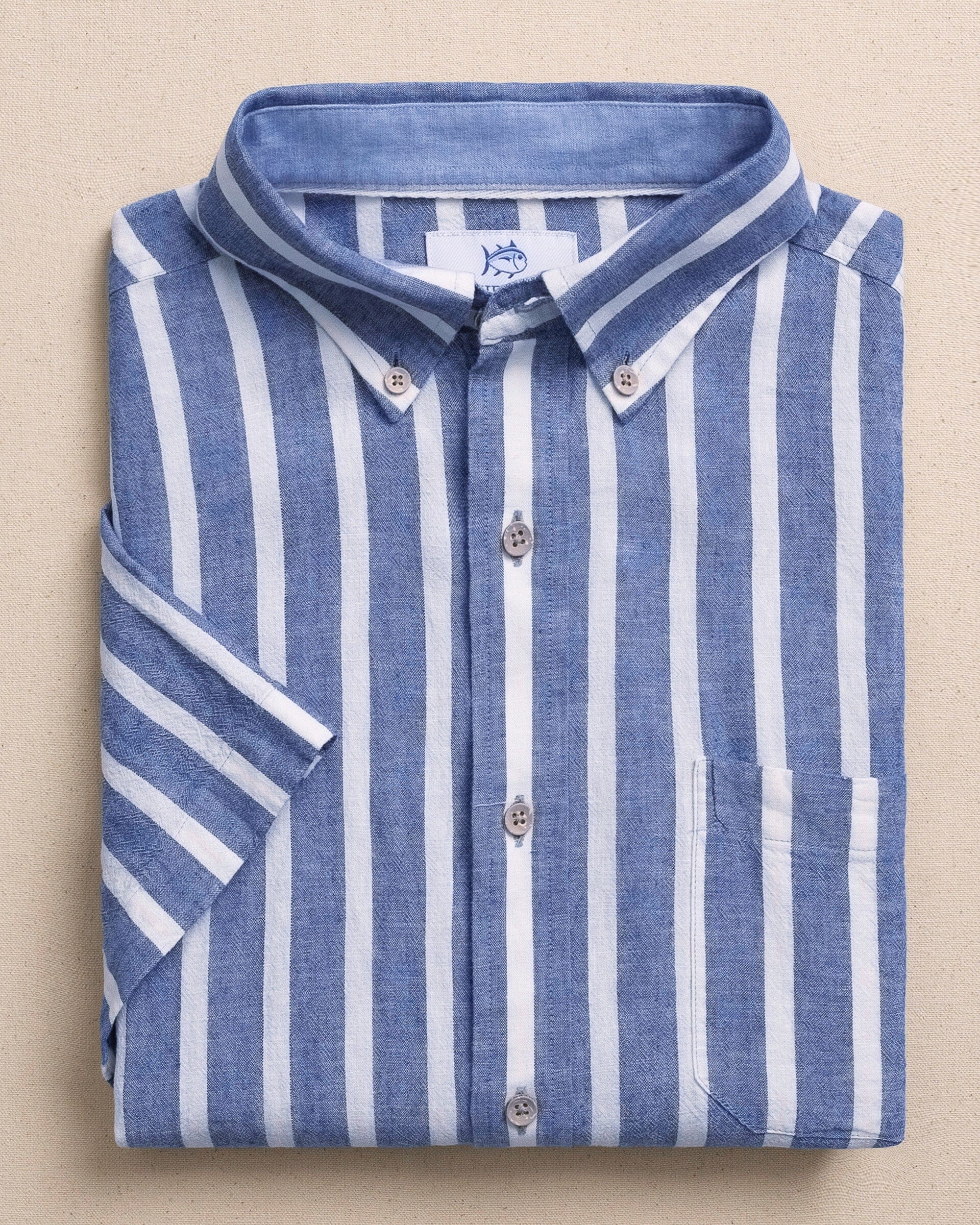 Seamark Stripe Linen Rayon Short Sleeve Sport Shirt