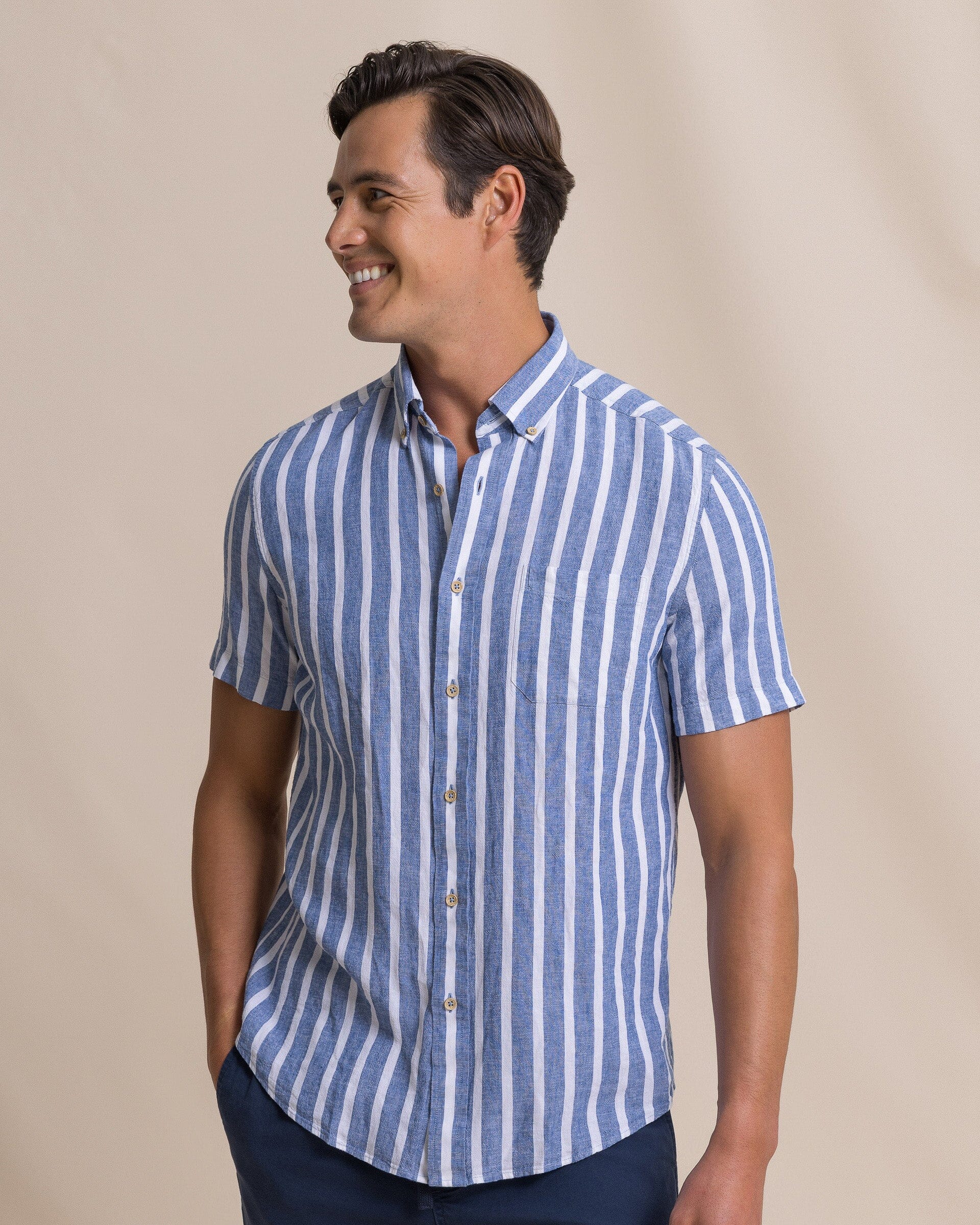 Seamark Stripe Linen Rayon Short Sleeve Sport Shirt - Image 3