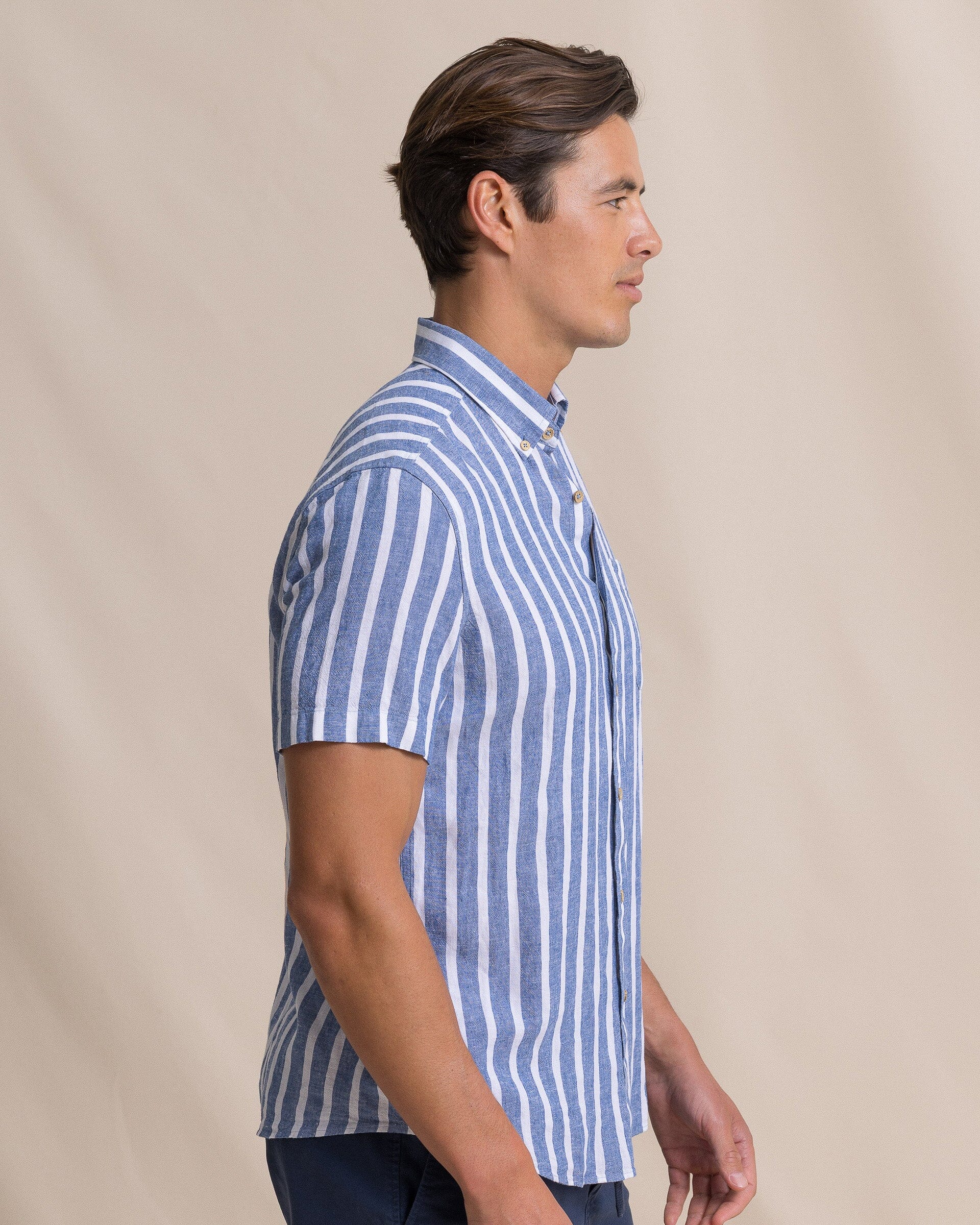 Seamark Stripe Linen Rayon Short Sleeve Sport Shirt - Image 7